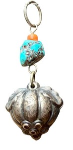 Antique Chinese Silver Lotus-Pod Bell Pendant Turquoise Coral 2.25 in