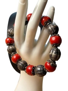 Vintage Beaded Bracelet - Red & Antiqued-Tone Metal Beads