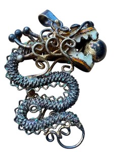 Dragon Pendant - Vintage Chinese Export Sterling Silver Enamel 1.25 in