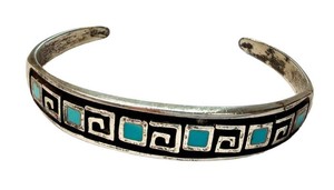 Vintage Cuff Bracelet - Greek Key Turquoise-Color Inlay