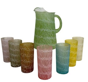 Vintage MCM Color Craft Spaghetti String 8-Piece Pitcher & Tumbler Set
