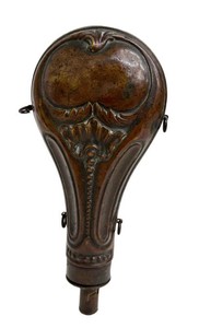 Antique Embossed Copper & Brass Black Powder Flask, Foliate Scrollwork Design