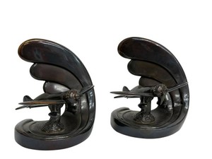 Pair of Vintage 1930s Art Deco Soaring Airplane Bronze-Plated Cast Metal Bookends by Dodge Inc.