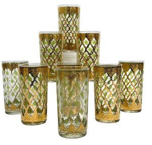 Vintage Culver Valencia Highball Glasses Set of 9 MCM 22K Gold Green