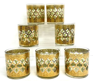 Vintage Culver Valencia 22K Gold & Green Lowball Rocks Glasses - Set of 7 MCM