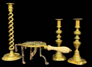 Brass Candle Holders & Antique Fireplace Trivet Mixed Lot