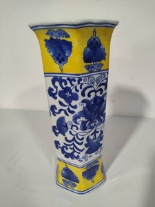 Tall Blue & White Vase wYellow Accents