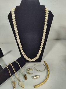 Assortment of Pearl Costume Jewelry - Necklace, Scarf Clips, Earrings, Bracelet & Brooch