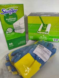 Swiffer Dry Sweeping Cloths & 3-D Pads (NewUnopened) and Uline Coated Latex Chemical Resistant Gloves