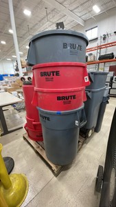 RUBBERMAID RED AND GRAY TRASH BARRELS