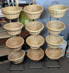 Set Of 3 - 4 Tier Mobile Retail Display Racks With 12 Total Wicker Baskets 53H