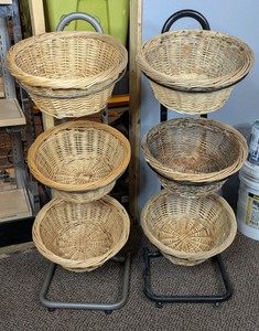 Pair Of 2 - 3 Tier Mobile Retail Display Racks With 6 Wicker Baskets 41H