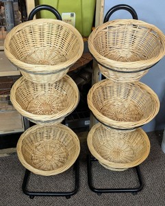 Pair Of 2 - 3 Tier Mobile Retail Display Racks With 6 Wicker Baskets 41H