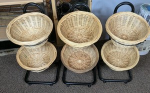Set Of 3 - 2 Tier Mobile Retail Display Racks With 6 Wicker Baskets 31H