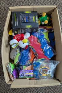 Assorted Box Lot Including Powermat BlackBerry Charger Plush Toys & Novelties