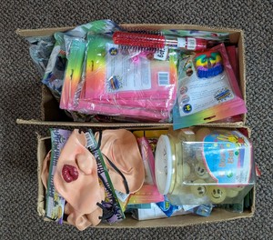 Lot Of 2 Boxes Assorted Novelty Toys Bouncy Balls Masks & Fidgets