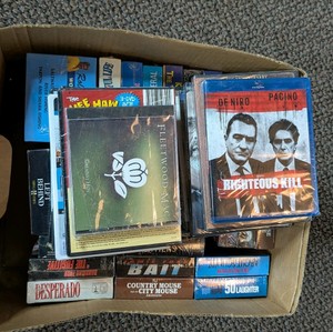  Box Lot Of Assorted Media Including VHS Tapes DVDs Blu-ray & Fleetwood Mac CD