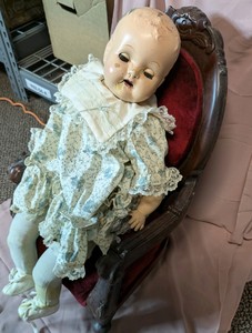Halloween Decoration Composition Baby Doll in Velvet Upholstered Wood Rocker Chair
