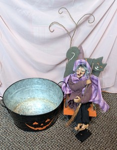 Halloween Witch in Rocker Prop & Galvanized Metal Jack-O-Lantern Tub Lot