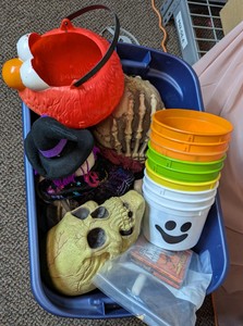 Halloween Decor Lot - Decorative Skulls, Witch Doll, Hanging Ghosts & CD, Treat Buckets, with Costumes Tote. 