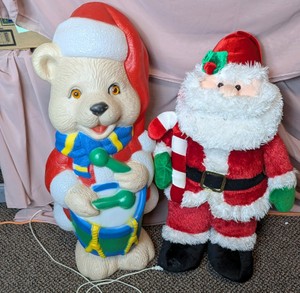 Lighted Blow Mold Drumming Bear & Plush Santa Claus Figure Lot