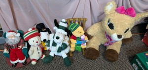 Assorted Holiday Plush & Animated Figures Lot - Pooh, Snoopy, Santa & Reindeer