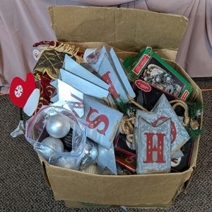 Box Lot of Assorted Christmas Ornaments, Rustic Letter Signs & Decor