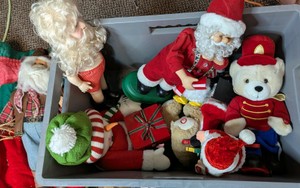 Tote Lot of Assorted Holiday Plush Figures, Novelty Santas, Toy Soldier Bear & Pooh Bear Christmas Tree Rug.