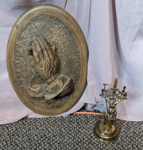 Vintage Albrecht Drer Style Praying Hands Plaque & Brass Crucifix Altar Cross