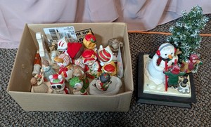 Assorted Miniature Holiday Ceramic Bell Figurines & Snowman Winter Scene Display