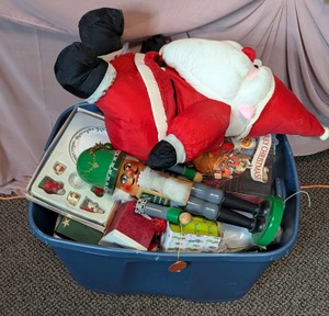 Tote Lot of Holiday Decor - Wooden Nutcracker, Santa Figure & Ornaments
