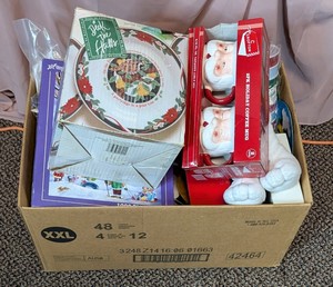 Box Lot of Holiday Decor - Tienshan China Plates, Plush Snoopy & Puzzle