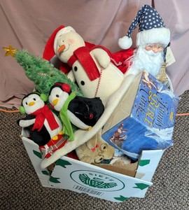 Holiday Plush Decor Lot - Snowman, Penguins, Santa & Grolier Family Bible Cards
