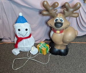 Lighted Tinsel Snowman & Blow Mold Reindeer Holiday Lawn Decor - 2 Pieces