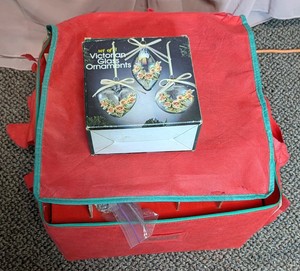 Holiday Ornament Storage Organizer Tote & Victorian Glass Ornaments Set