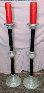 Pair of Tall Black & Silver-Tone Floor Candlesticks With Pillar Candles