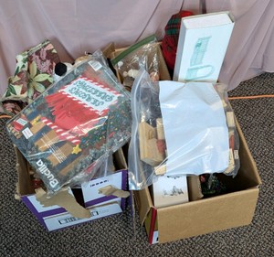 Lot of Holiday Craft Supplies - Bucilla Needlework Kit, Rubber Stamps & Decor