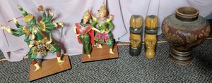 Thai Classical Khon Dancers, Jamaican Carved Wood Heads & Pottery Vase Lot