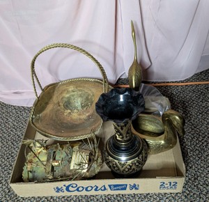 Vintage Brass Home Decor Lot - Etched Black & Gold Vase, Crane, Swan & Basket
