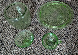 Vintage Green Depression Glass Lot - Cookie Jar, Swirl Platter, Cup & Dish
