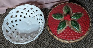 Ceramic Holiday Berry Pie Keeper Dish & White Woven Lattice Basket Bowl