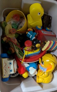Vintage Fisher-Price Pull Toys & Childrens Novelty Banks Lot in Tote