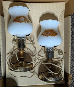 Vintage Milk Glass Hurricane Wall Sconce Lamps - Floral Pattern Pair