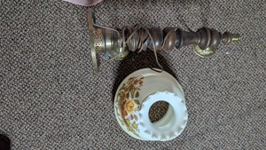 Vintage Turned Wood & Cast Brass Lamp With Floral Milk Glass Shade