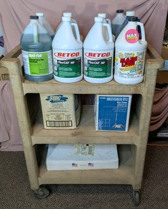 Heavy-Duty 3-Tier Rolling Utility Service Cart Loaded With Commercial Cleaners
