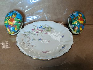Floral Porcelain Serving Plate with Easter Egg Containers 3-Piece Lot