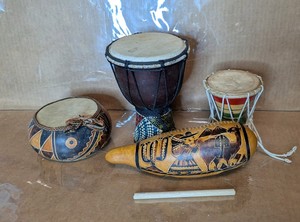 Hand-Carved Djembe Drum and Folk Percussion Instruments 5-Piece Lot
