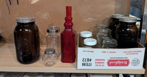 Assorted Glass Canning Jars and Red Embossed Bottle Lot