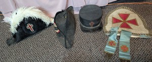 Masonic Knights Templar Regalia Lot - Bicorn Hat, Kepis, Apron & Gauntlets