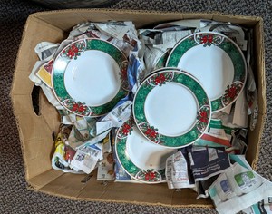 Large Box of Holiday Ribbon and Holly Pattern Dinnerware